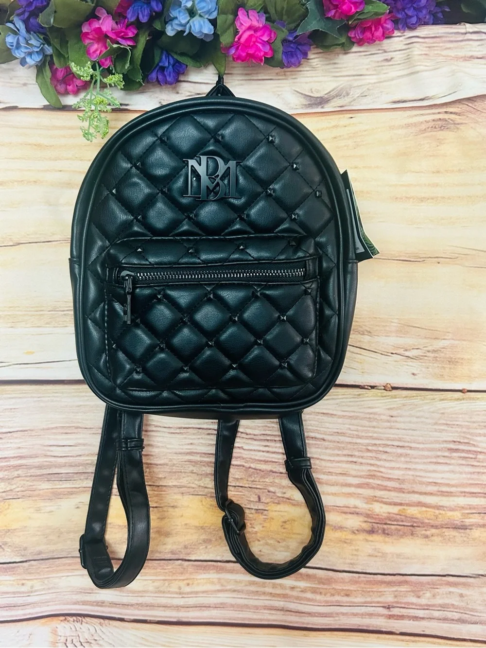 Badgley Mischka Black Vegan Leather Logo Studded Quilted Mini Backpack NWT
